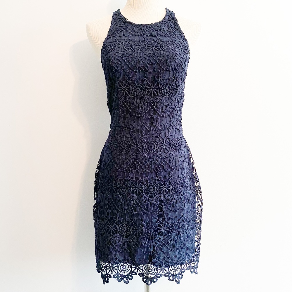 HOLLISTER Navy Lace Halter Dress Open Back Cutout